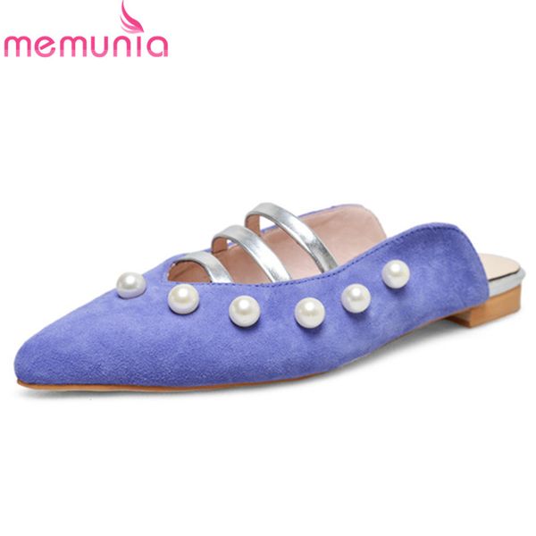 

memunia 2019 women slipper pearl suede leather shoes pointed toe summer shoes outside square heels prom woman, Black