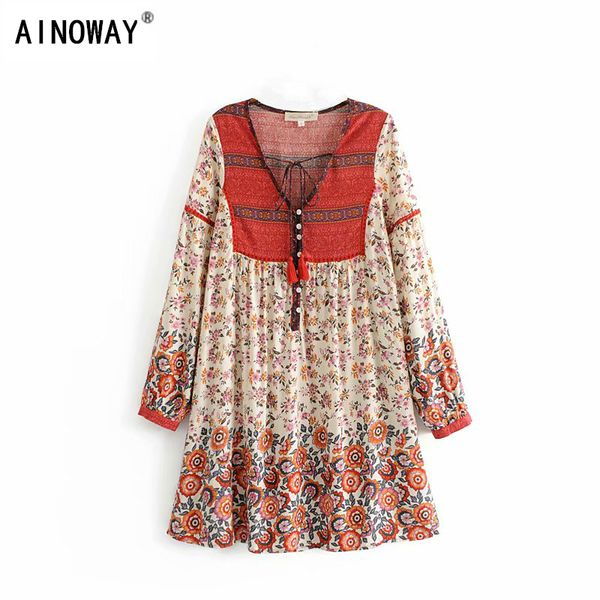 

vintage chic women lace-up floral print beach bohemian loose mini dress ladies v-neck tassel boho dress vestidos, Black;gray