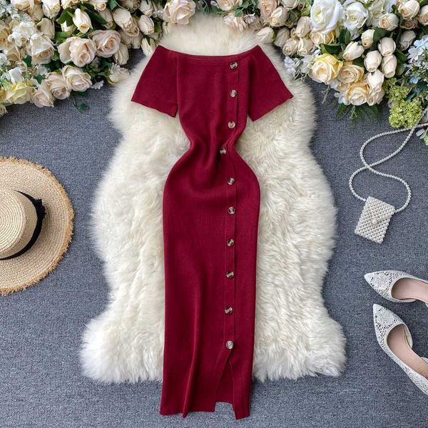 

casual dresses vintage 2021 button off shoulder spring bodycon summer knitted midi penicl dress slim women party knee length, Black;gray