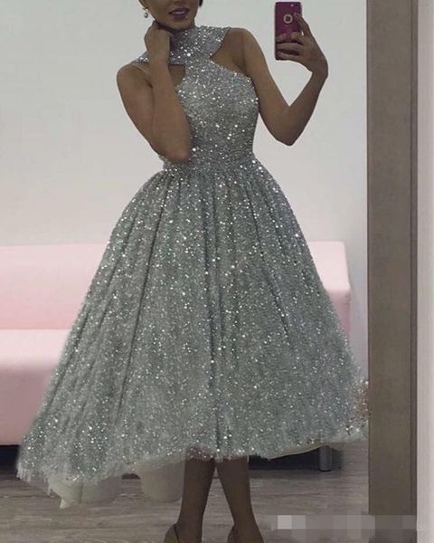 

vintage sparkly silver sequins prom dresses halter tea length a line custom made sleeveless formal evening party gown plus size, Black