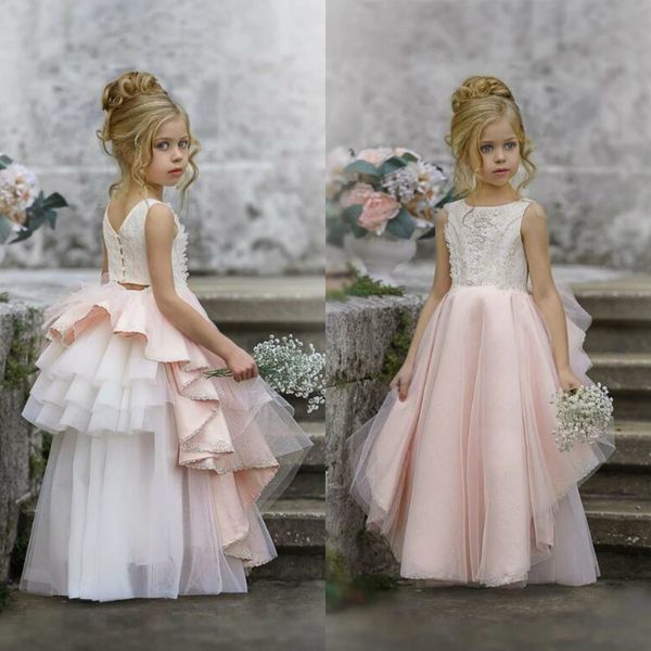 2020 Blush Vestidos rosa da menina de flor por casamento barato A Linha Jewel Neck Primeira Comunhão Vestido Feito Prom vestidos de festa sob encomenda do aniversário Wear