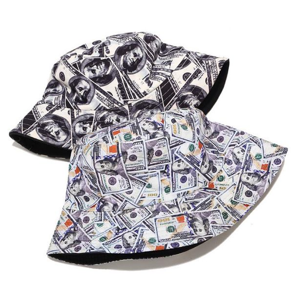 

cotton double sided creative dollar graffiti bucket hat fisherman hat outdoor travel sun cap hats for women, Blue;gray