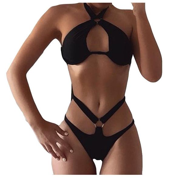 

string bikinis mujer high waist bandage swimsuit solid halter swimwear women hollow out biquini 2020 new push up bathers, White;black