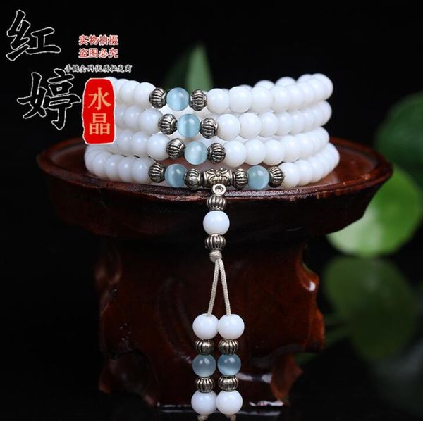 

6mm white chalcedony beaded stone tibetan buddhist 108 prayer beads necklace gourd mala prayer bracelet with beads tassel, Black