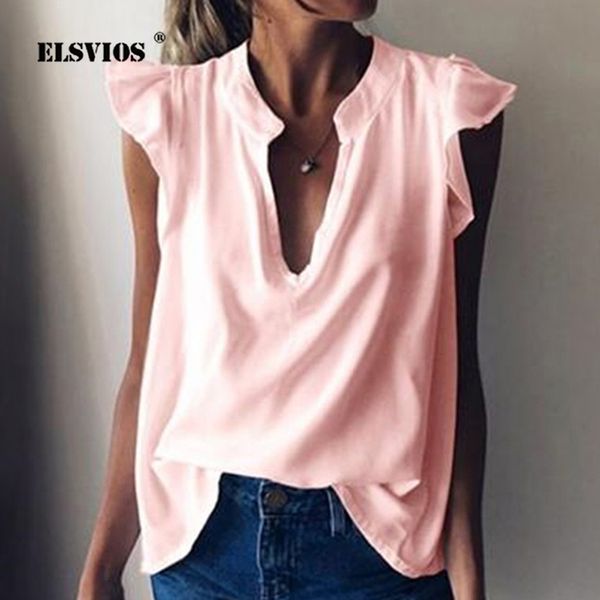 

women's blouses & shirts summer v neck ruffle women blouse casual plus size solid loose elegant butterfly short sleeve female blusas, White