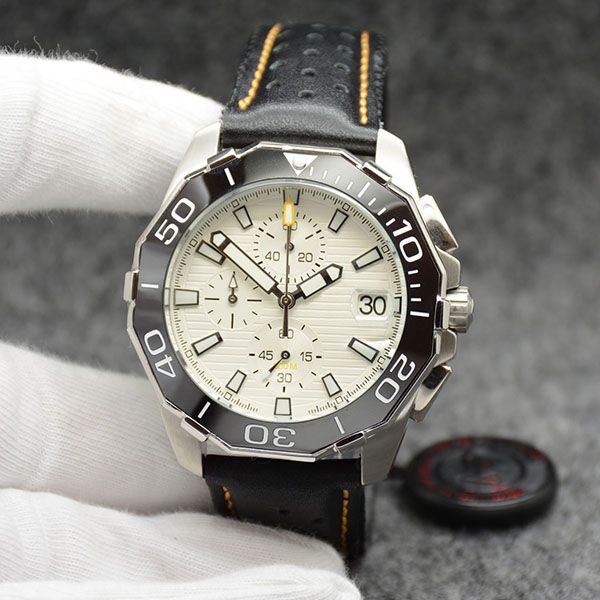 

44mm quartz battery satch mens watch watches white dial with black leather band and rotatable bezel, Slivery;brown