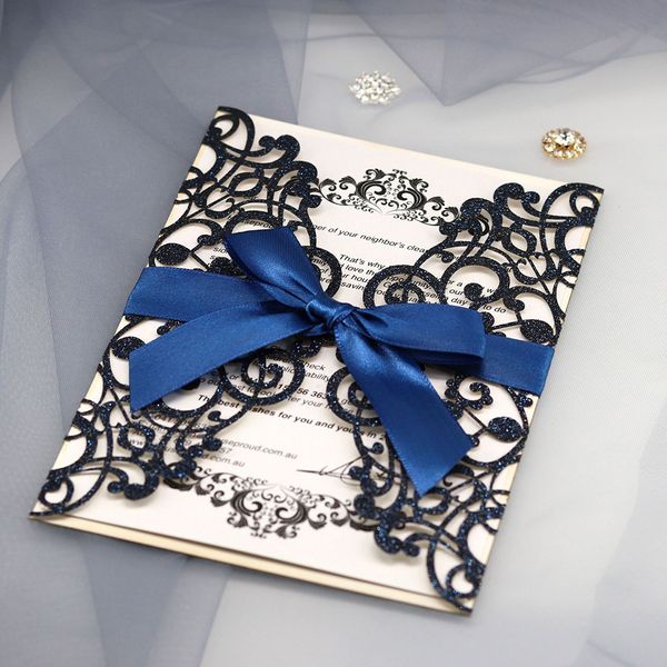 

new 10pcs gold blue silver glitter paper laser cut wedding invitation card for wedding decor party supplies
