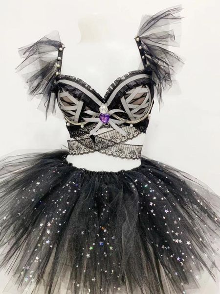 

black mesh bra tutu skirt shining costume female singer dance stage wear nightclub show outfit 2 pcs set, Black;red