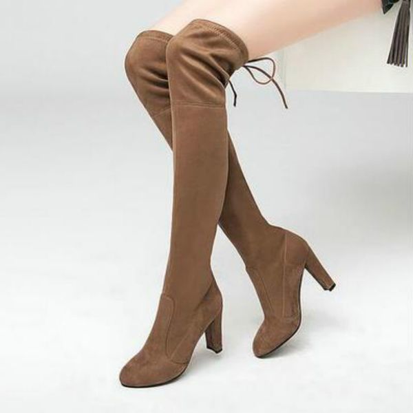 

women boot faux suede women over the knee boots lace up high heels shoes woman female slim thigh high boots botas 35-43, Black