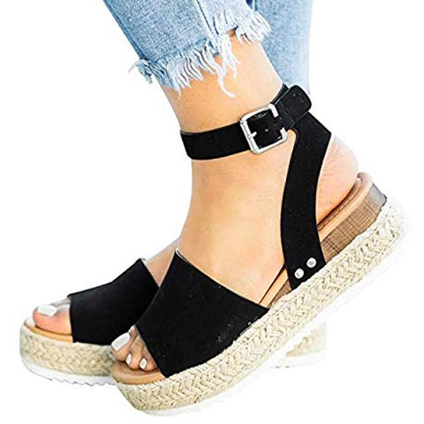 

casual wedge platform thick bottom women sandals rope roman buckle closure fashion fish mouth ladies open toe summer shoes, Black