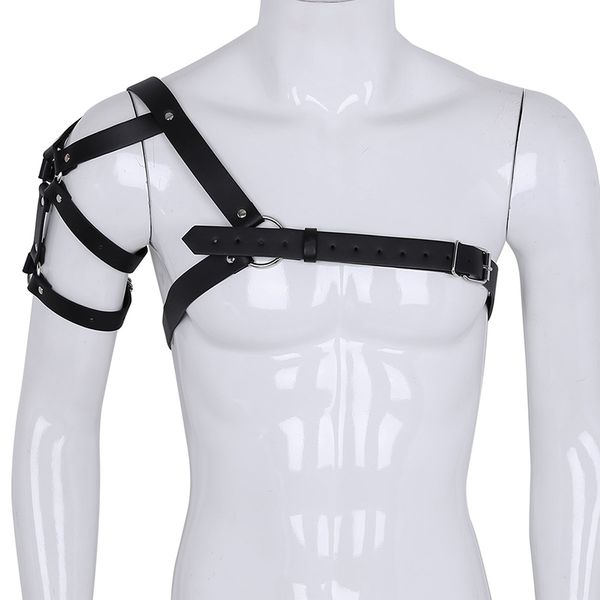 

men punk fashion clubwear faux leather armor body chest harness bondage costume shapers with buckles harness male cosplay, Black;brown