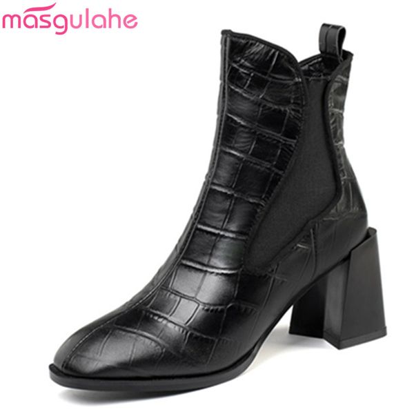 

masgulahe 2020 new brand genuine leather women boots thick high heels square toe ladies shoes black color winter ankle boots