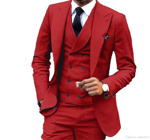 Nuovo Custom Made One Button rosso Smoking da sposo Smoking picco Groomsmen Mens Business Party Suits (Giacca + Pantaloni + Vest + Tie) 588
