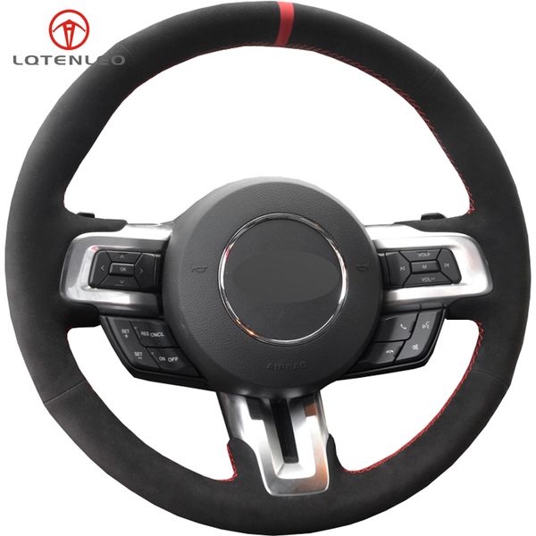 

lqtenleo black suede diy hand-stitched car steering wheel cover for mustang 2015-2020 mustang gt gt350r 2015-2020