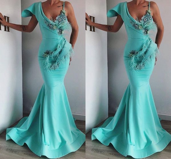 

New Arrival Elegant Light Green Mermaid Evening Dresses Beaded Feather Prom Dress Sexy Evening Gowns Robe De Soiree Abendkleider