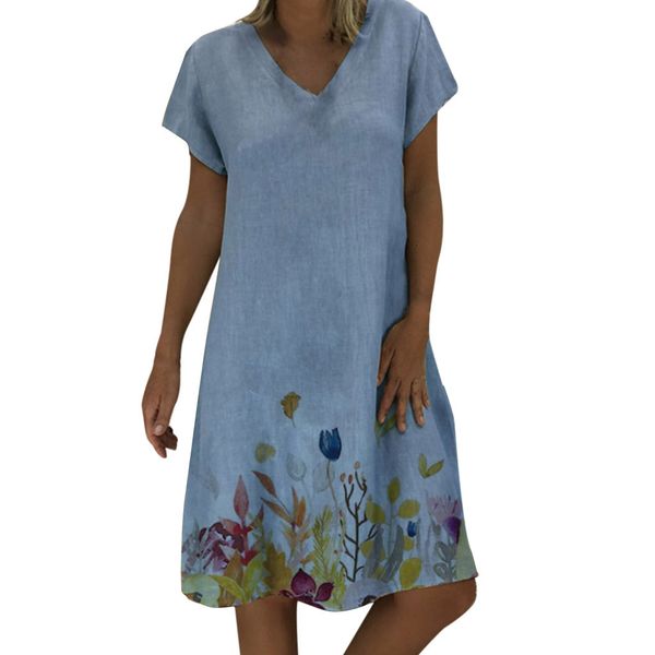 

women casual summer dress floral print v-neck short sleeve dress mini dresses woman party night loose beach dresses vestidos new, Black;gray