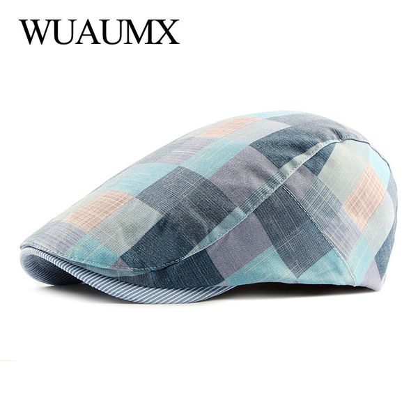 

wuaumx summer berets hat men colorful plaids newsboy cap women artist painter visors herringbone beret cap duckbill ivy flat, Blue;gray