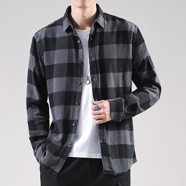 

spring autumn men shirts plaid vintage casual turn-down collar full sleeve cotton wild shirts male sanding, White;black