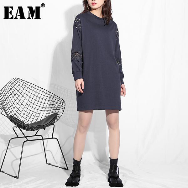 

eam] 2020 new spring summer round neck long sleeve dark blue lace nailed split joint loose dress women fashion tide jo62905, Black;gray
