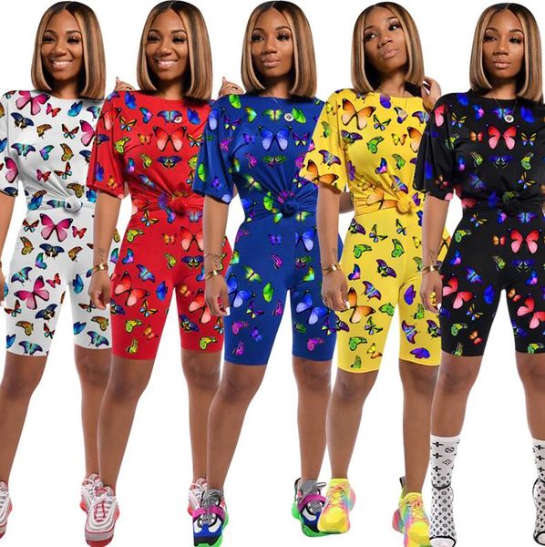 

women tracksuit butterfly print short sleeve t-shirt tees shorts short trousers pants casual two piece outfits sports suit e31910, White