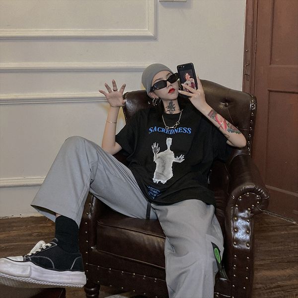 

migu темной серии женщин призрак напечатаны белой футболки женщины с короткого рукавом свободного рукавом половины 2020, White