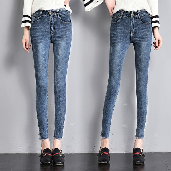 

2019 spring summer women jeans skinny denim pants female vintage slim casual burr elastic stretch demin pencil pant trouser, Blue