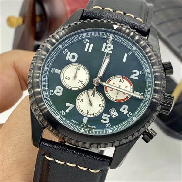 

46mm navitimers arabic numbers green dial date mens watches quartz chronograph chronometer leather band wristwatches with working subdials, Slivery;brown