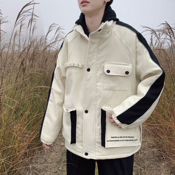

uyuk2019 winter jackets mens new color contrast casual loose fashion trend plus velvet thickening tool men's cotton coat clothes, Black