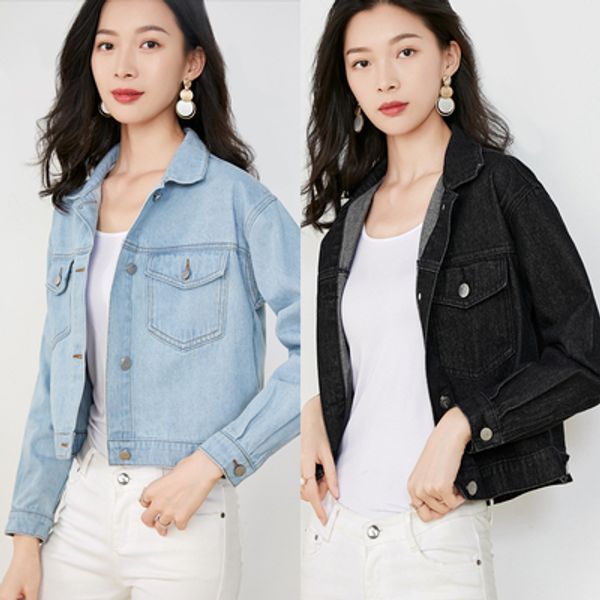 

vintage blue denim jacket women 2019 autumn short outwear slim jeans basic coats female long sleeve denim jacket woman black, Black;brown