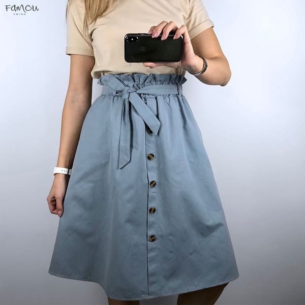 

Waist High Pockets Skirts Solid Midi A-Line Casual Ladies Bottoms Trendy Female Skirts With Sashes 2019 New For Women