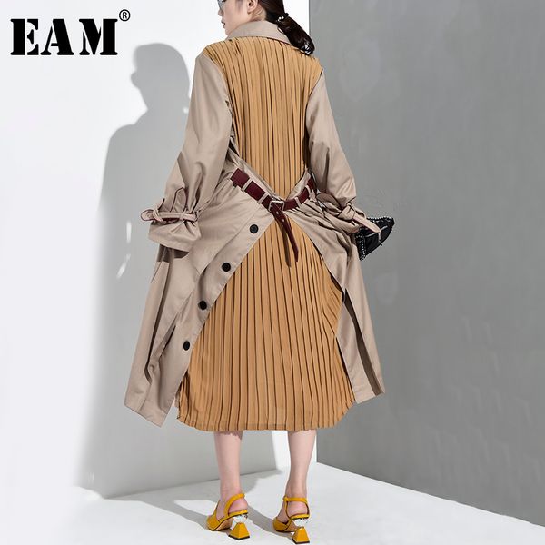

eam] 2019 new autumn winter lapel long sleeve back pleated split joint loose windbreaker women trench fashion tide wb5470, Tan;black