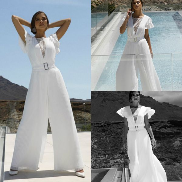 

2020 beach wedding jumpsuit lace appliqued ankle length chiffon boho bridal gowns jewel neck pants suit plus size robes de mariÃ©e, White