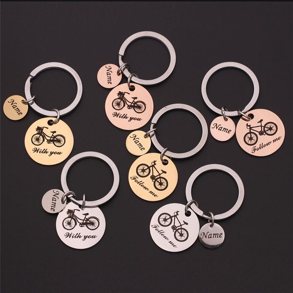 

custom engrave keychain stainless steel lettering women keyring round bike with you women men keychain jewelry men jewelry gift, Silver