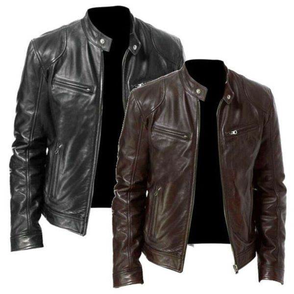 

men autumn winter fashion motorcycle waterproof leather jacket casual warm lined zipper coat slim fit biker outewear, Black