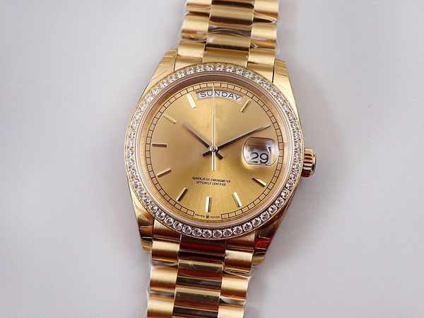 

orologio di lusso 12 mm thickness 36mm golden dial inset diamond 3255 movement watches ew diamond watch calendar week display, Slivery;brown