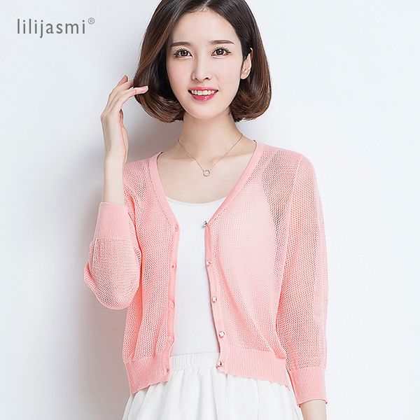 

2019 thin hollow out knit shirt square buttons classic cardigan summer open stitch sweater crop female sun protection shirt, White