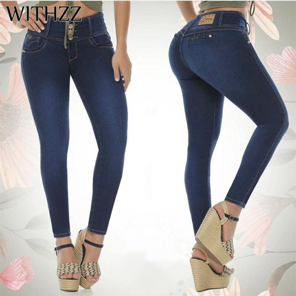 

withzz spring autumn denim pants high waist breasted trousers pencil pants women's jeans, Blue