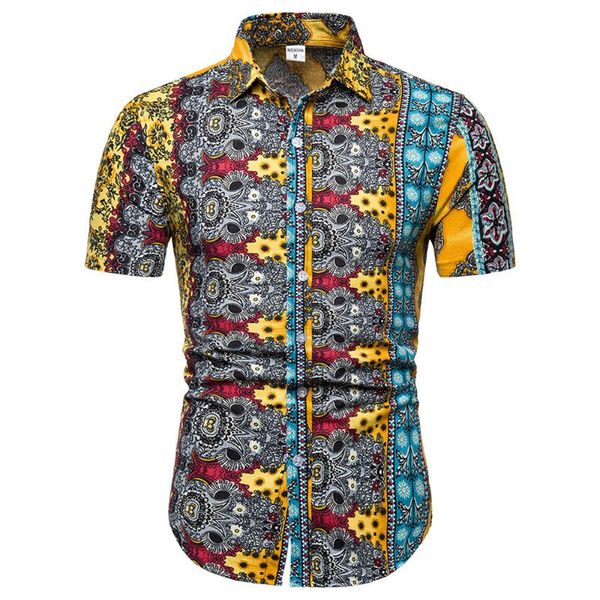 

flower pattern shirt mens cotton and linen fashion 2019 summer male printed personality short sleeve mens dress shirts, White;black