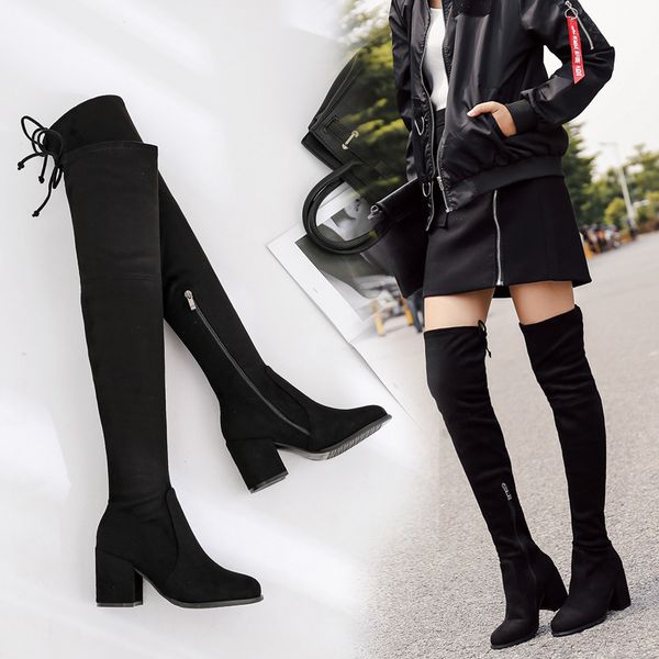 

women's high-heeled shoes overknee boots woman 2019 head boots with elastic woman, Black