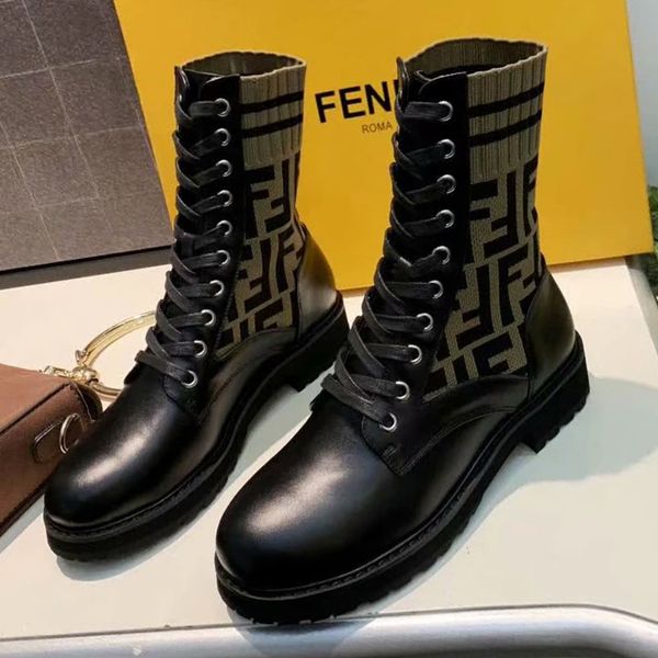 

2019 europe and america autumn and winter knitted wool tube elastic leather low heel round head lace-up short boots martin boots, Black
