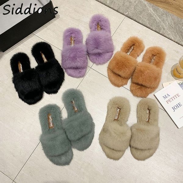

women designers 2020 winter keep warm shoes woman feather flats fur slippers mules lady pumps slides shoes mujer furry slippers, Black