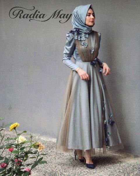 

vintage ankle length grey blue muslim evening dress with hijab long sleeves 3d flowers arabic kaftan dubai formal prom dresses, White;black