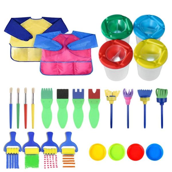 

1set 26pcs children painting tool kit sponge brush paint brush apron kindergarten fine art class accessories