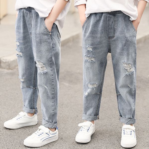 

rbau9 children's casual and jeans clothing 2020 season pants boys handsome fashion hole-piercing jeans medium and large children's, Blue