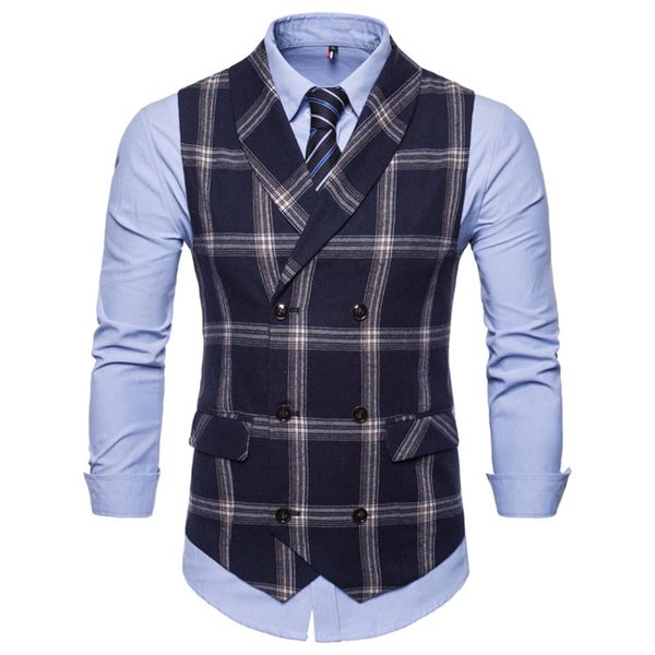

new classic plaid suit vest men slim fit double breasted vest waistcoat mens business wedding tuxedo gilet homme, Black;white