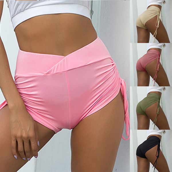

gym shorts women high elastic yoga shorts summer sports tights push up fitness drawing rope wrinkle printed runningshorts, White;red
