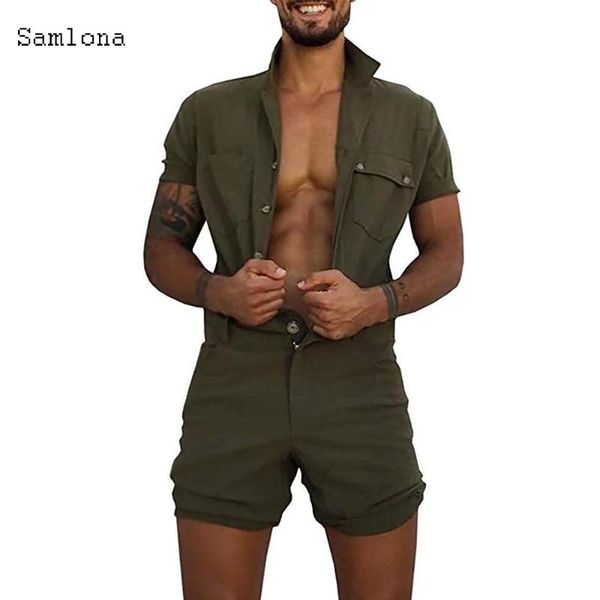 

cotton jumpsuit mens overalls casual lapel short sleeve rompers solid color overall single breasted romper pocket short pants, Gray