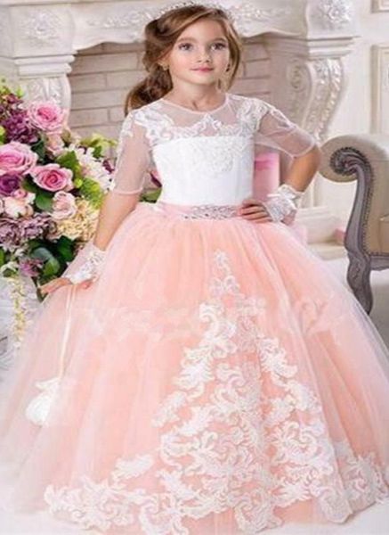 Elegant Flower Girl Dresses For Lace Applique Half Sleeve Fluffy Tulle Little Girls First Holy Communion Party Dresses Flower Girl Hair Girls Wedding