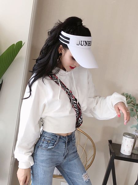 

womens spring and autumn 2020 new fashion sweater korean-style loose hooded short long sleeve high waist pullover shirt fashion, Black