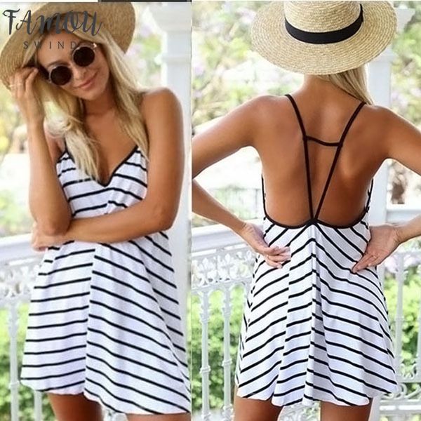 

women's backless dress v collar stripes summer loose lady fashion clothing lxh, Black;gray